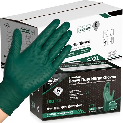 TitanFlex Heavy Duty Nitrile Gloves, 6 Mil Dark Green Raised Diamond Texture, Mechanic Disposable Gloves, Latex Free