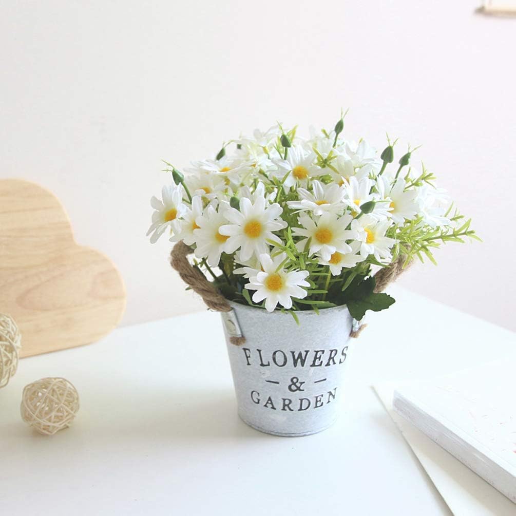 Amazon Com Uupp Potted Artificial Daisy Flowers Bonsai Plant Fake Flowers In Metal Pot For Home Office Windowsill Decor White Kitchen Dining