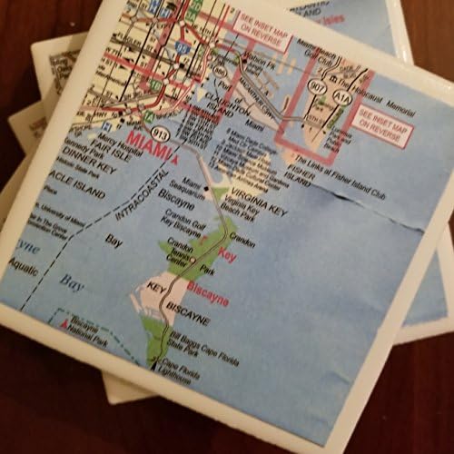 Miami Map Coasters, Featuring Miami Beach, Key Biscayne and Aventura, Set of 4