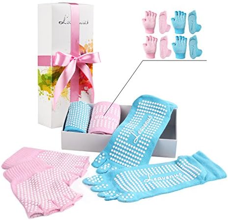 Yoga Pilates Socks And Gloves - 2 Sets Yoga Socks And Gloves,Gift Pack Non Slip Anti Skid Grip For Yoga Pilates Barre,for Women Girl(Pink, Blue, 8.5-10)