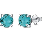 BETHZA Genuine Gemstone Stud Earrings 925 Sterling Silver 6mm Round Shaped Natural Gemstone Earrings Jewelry Gifts for Women