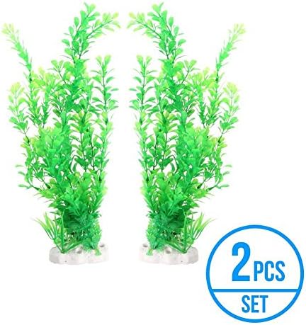 Artificial Plants for Aquarium and Fish Tank Decorations - 2 pcs 4.7 x 13" Water Plants Ornament - Green Color with Non-Toxic Eco Friendly Fade Resistant PVC Plastic with 2 x 3.4" Strong Ceramic Base