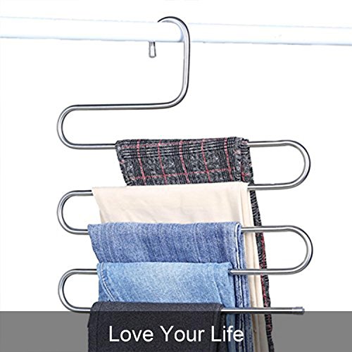 DS Pants Hangers S-Shape Trousers Hangers Stainless Steel Clothes Hangers Closet Space Saving Organizer for Pants Jeans Scarf Hanging Silver (4 Pack with 10 Clips) - Thumbnail 7