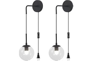 BOKT Mid Century Modern Black Wall Sconce Light Set of Two Plug in Clear Glass Globe Ball Wall Lighting Set of 2 Minimalist V