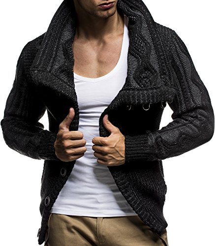 LEIF NELSON LN5065 Men s Cardigan With Faux Leather Accents; Size US XS, Black Anthracite
