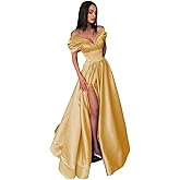 XNBYYM Pleated Off The Shoulder Satin Prom Dresses for Women, Formal Evening Gowns Cocktail Party Dresses with Slit&Pockets