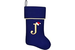 Subyan 20 Inches Initial Monogram Blue Christmas Stocking, Personalized Large Embroidered Letter Velvet Christmas Stocking with Gold Trim Decoration for Family Christmas Holiday Party Decor(Letter J)