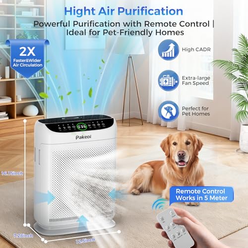 Air Purifiers for Home Large Room Up to 3000 Ft² With Double Air Intake,PAKEOI HEPA Air Purifier for Bedroom With Washable Pre-Filters, Remote Control, 15dB Sleep Mode,Air Cleaner for Pets Dust, White