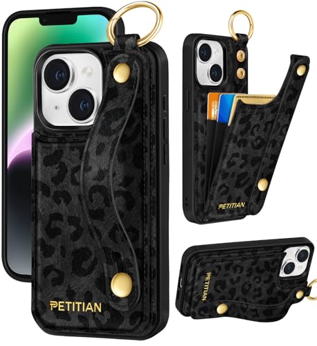 Petitian for iPhone 13/14 Wallet Case - Women Girls Cute Girly Aesthetic Unique Design Leather Credit Card Holder Phone Cover Stand Wristband for iPhone 13/14, Black Leopard