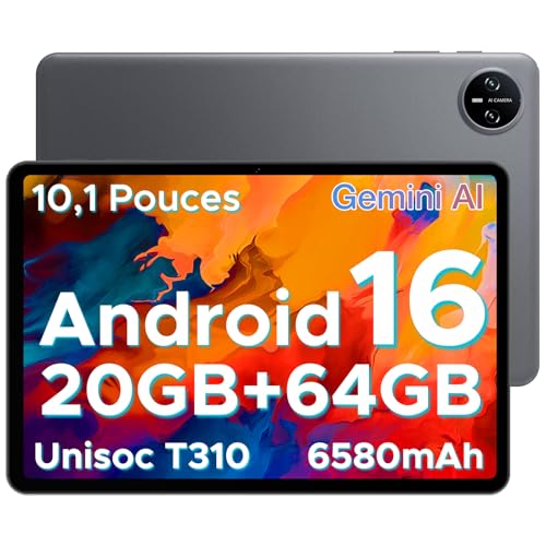 Tab A9 Android 16 Tablet 10 Inch, 20 GB RAM + 64 GB ROM (TF 2TB), Gemini AI, 6580 mAh, Unisoc T310, 1280 x 800 IPS, WiFi 5, Dual Speaker, 8MP+5MP, Bluetooth 5.0/Face ID/Jack 3.5 mm - Grey