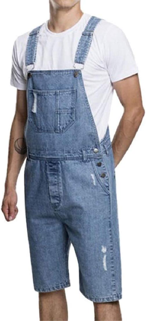 AngelSpace Men with Big Pockets Denim Vintage with Broken Holes Shorts Bib Overall