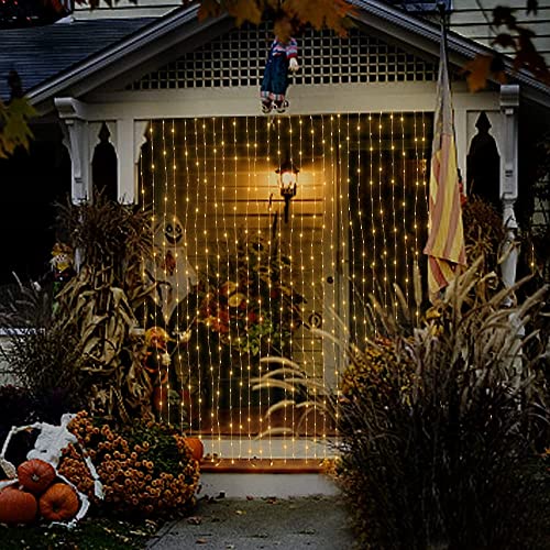 Solar Curtain Light Outdoor Remote Control 300 LED 8 Lighting Modes Fairy Lights, IP65 Waterproof Copper Wire Lights for Christmas Party Wedding Home Bedroom Garden Wall Decorations (Warm)