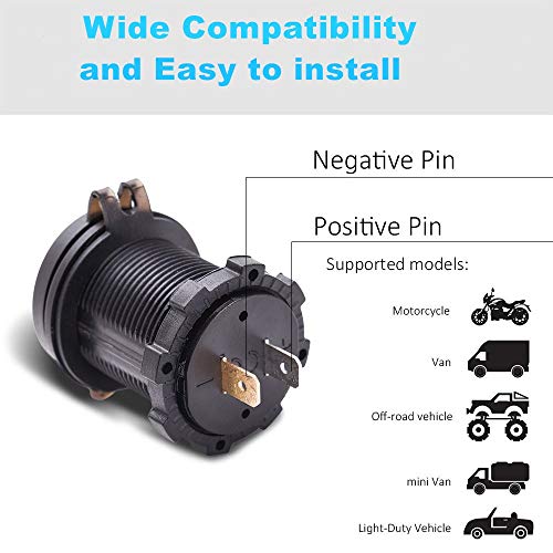 Chenes Dual USB Charger Socket Power Outlet Waterproof 2.4A & 2.4A (4.8A) with Voltmeter LED Digital Display & Wire in-line 10A Fuse for 12V/24V Car RV Boat Motorcycle Mobile - Thumbnail 5