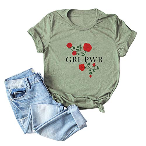 Flower Print Tops for Women,LuluZanm Sales! Ladies Fashion Short Sleeve Sack Blouse Cotton T-Shirt Plus Size S 5XL Army Green - Thumbnail 2
