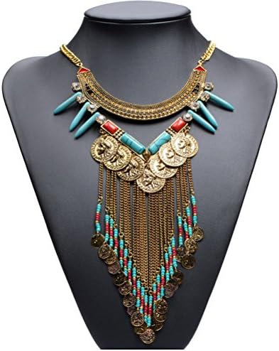 Coogain Statemet Necklace Long Boho Fringe Chain Coins Beads Collar Necklaces Golden Tone