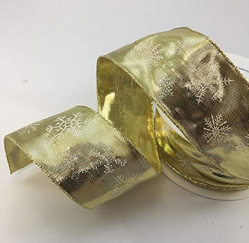 Wire edge gold lurex glamour ribbon with white snowflake design 40mm x 1M cut from roll