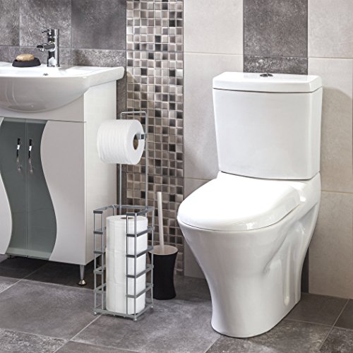 Modern Style Toilet Paper Reserve Holder with Dispenser - Beautiful Chrome Finish – Hold 4 Tissue Rolls – No Assembly Required - Heavy Gauge Wire – Free Standing Bathroom Storage Accessory