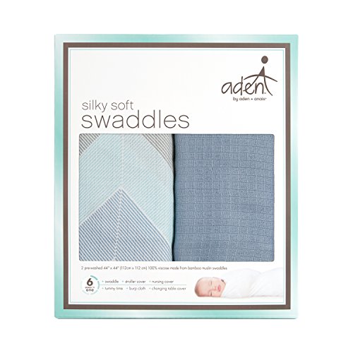 aden by aden + anais Silky Soft Swaddle Baby Blanket, 100% Cotton Bamboo Muslin, Large 47 X 47 inch, 2 Pack, Ziggy Blue