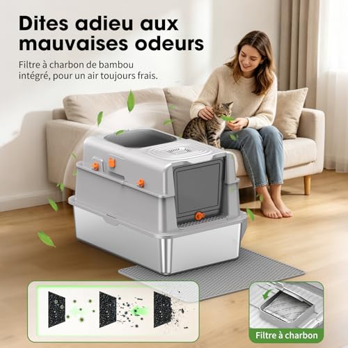 Stainless Steel Litter Tray with Lid, Large Cat Tray, Closed Tray with Odor Control, Charcoal Filter & Double Enter, Easy to Clean, Non-stick, Durable, Light Grey