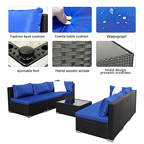 OUTDOOR DIAMOND 7pcs Patio Wicker Furniture Set All-Weather PE Rattan Sectional Conversation Sofa w/Tea Table & Washable Couch Cushions for Porch Backyard Garden (Black Sets + Blue Cushion)