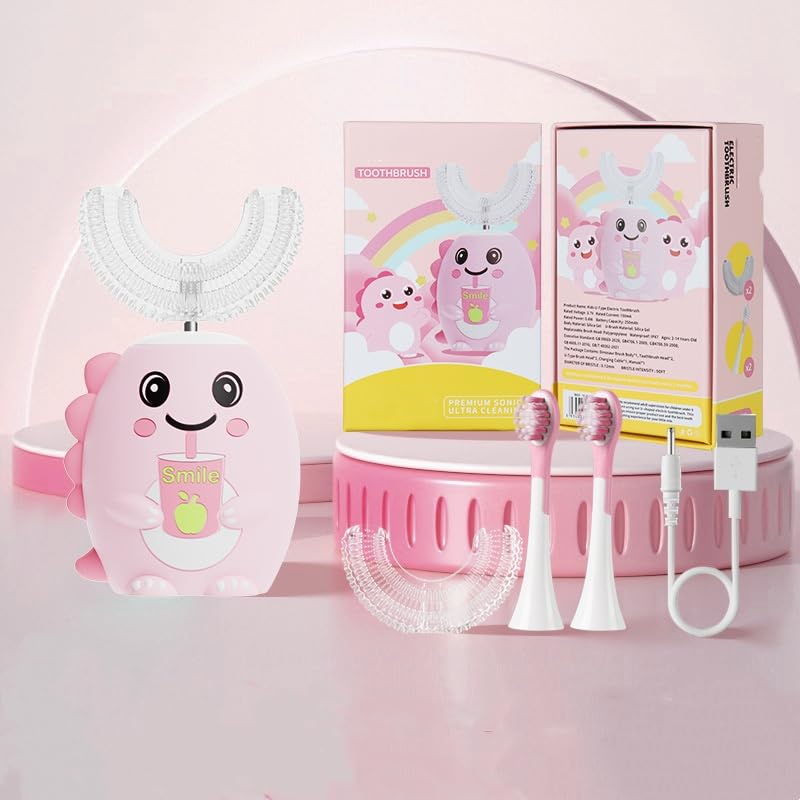 Cartoon Kids U-Shaped 360º Ultrasonic Electric Toothbrush cleaning Gift Box Set,Blue Led-Lights| IPX7 Waterproof | 5 Modes | 50s Smart Timer | 360° Full Mouth Cleaning Automatic(2-12age) (Pink)