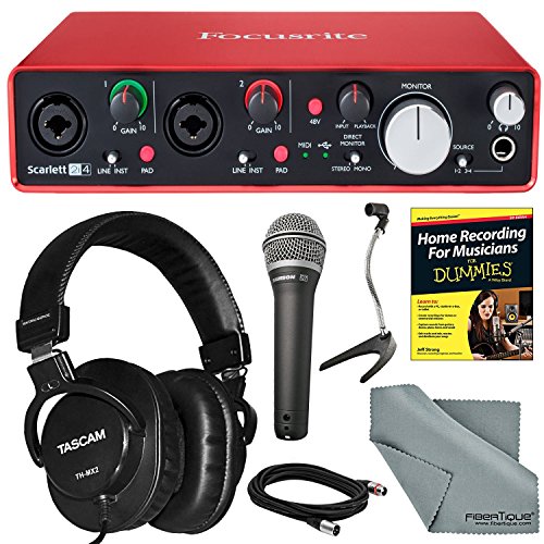 Focusrite Scarlett 2i4 USB Audio Interface (2nd Generation) Bundle with Home Recording for Musicians Guide + Handheld Mic +FiberTique Cloth and More