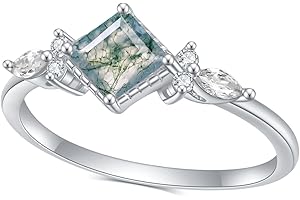 Gem's Beauty Green Moss Agate Rings 14K Gold/14K Rose Gold Three Stone Engagement Ring in 925 Sterling Silver Women's Gold Ring Gifts for Her