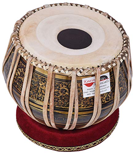 Tabla Drum Set, 2.5 Kg Black Painted Designer Brass Bayan, Beautiful Look, Sheesham Wood Dayan, Hand Made Drum Skin, Camel Leather Strap to Tune, Comes with Tuning Hammer, Gig Bag, Cushion & Cover - Thumbnail 5