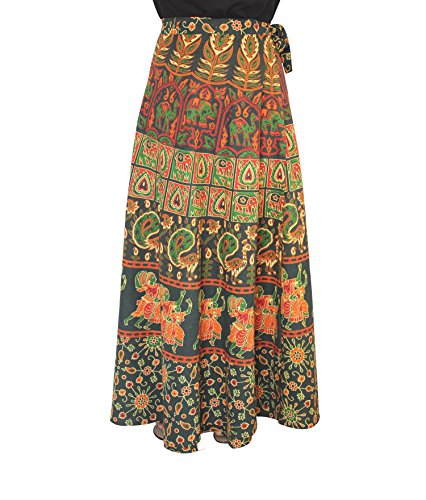 Wrap Around Cotton Rajasthani Printed Long Free Size Wrap Around Green Cotton Rajasthani Print Long Skirt Free Size Skirt For Women (Design 5)