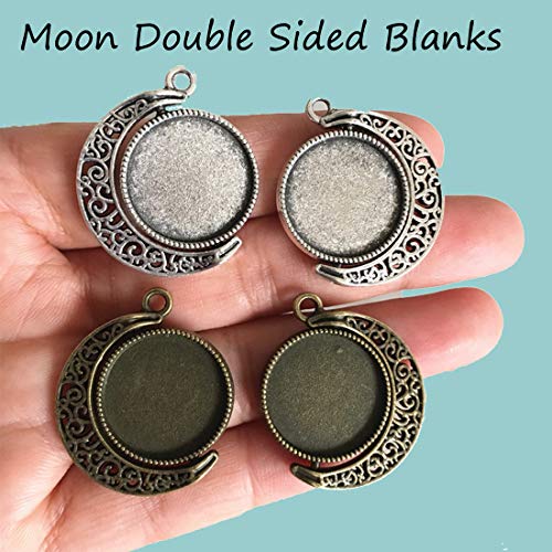 LANBEIDE 20PCS Moon Rotation Double Sided Round Bezel Blank 18mm Pendant Trays, with 40 Pieces Cabochons Settings Trays for Jewelry Making DIY Findings(Silver, Antique Bronze) - Thumbnail 4