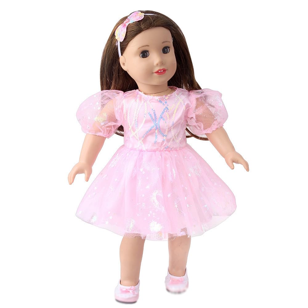 NIXNUT Doll Clothes Princess Gauzy Dress Puff Sleeves Sequins Pattern Summer Clothing for American Girl Doll 18-inch with Bow Hairband