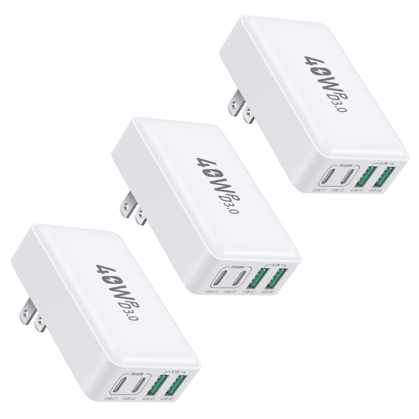 Flat USB C Wall Charger, OKRAY 3-Pack 40W 4-Port PD3.0&QC3.0 Fast Charging Blocks Slim USB A+USB C Charger Multiport Power Adapter Foldable Plug for iPhone 17 16 15 14 13 12 Pro, iPad, AirPods, iwatch