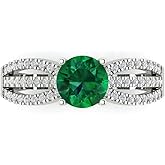 Clara Pucci 14K Solid White Gold 1.27 ctw Emerald Solitairewith Accents Ring for Women | Anniversary, Birthday Gift | 6.5mm Round Cut