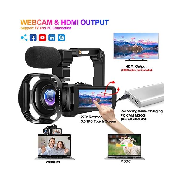 Videokamera 4K Camcorder Ultra HD 30MP 18X Camcorder mit LED-Fülllicht, 3,0 Zoll Drehbare Touchscreen Vlogging Kamera… – Bild 5