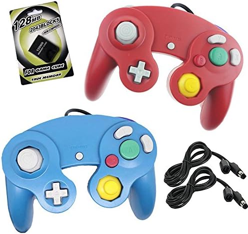 Koalud 2 Packs NGC Wired Gamepad Controllers with 2 Extension Cables 1.8m and 128mb Memory Card for Nintendo Wii GameCube Game Cube GC Console(Red and Blue)