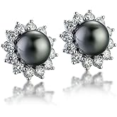Lunar Belle Tahitian Black Pearl Flower Halo Stud Earrings with Moissanite Accents in 925 Sterling Silver, Luxury Jewelry Gifts for Women (Radiant Sea)