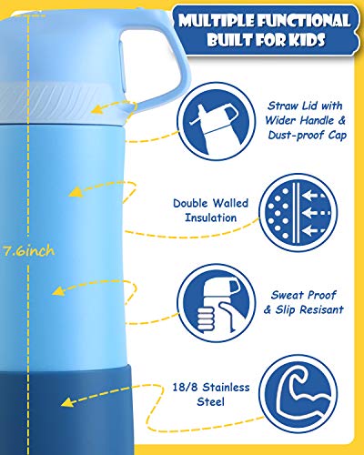 FJbottle 14 oz Kids Insulated Stainless Steel Water Bottle with Straw Lid and Silicone Protective Cover, New Anti-Colic with AirFree Vent Technology Patent Design Care for Kids, BPA Free, Sky Blue