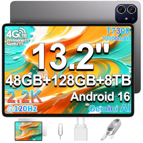TECLAST ArtPad Tablet 13.2 Zoll 2.2K 120Hz Display, Gaming Tablets Android 16, T7300 2.2GHz Octa-Core, 10000mAh/18W PD, 48GB RAM+128GB ROM(8TB TF), 4G LTE Dual