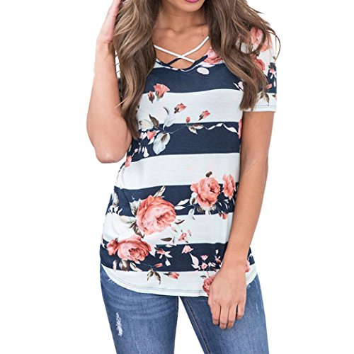 Pengy Women's Summer Fashion Short Sleeve Floral Printed Striped CRIS Cross Collar Casual Blouse Top T-Shirts Blue