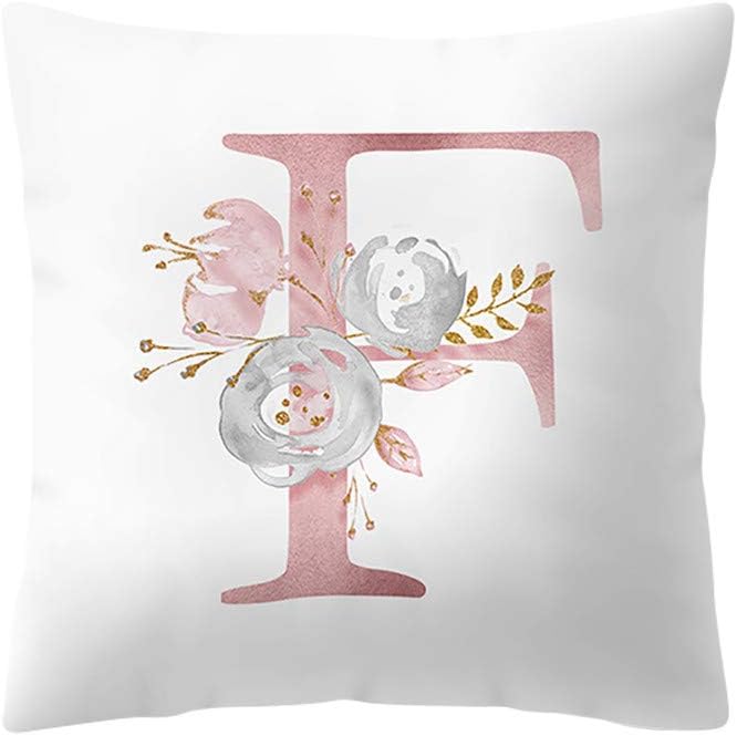 Konxxtt Throw Pillow Case, Rose Gold Pink 26 Letters Floral Cushion Cover Home Girls Room Sofa Decor Modern Pillow Slip(F,18x18 / 45x45cm)