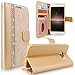 Cellularvilla [Diamond Jewel] Embossed Flower Design Premium Pu Leather Wallet Case [Card Slots] [Stand Feature] Folio Flip Cover Compatible with Samsung Galaxy S6 (Golden Bling)