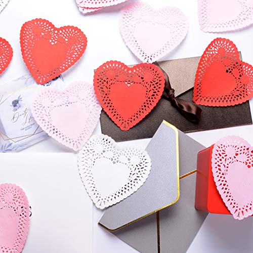 4 Inch Mini Valentine Heart Doilies Cutouts Lace Paper with 3 Colors Red, Pink and White for Valentine's Day Party (300 Pieces)