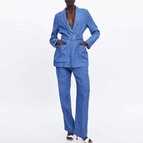 Amazon Ludaged 女性パンツスーツブルーリネンベルトロングブレザージャケットハイウエストストレートパンツオフィスレディツーピースセット 女性パンツ ワンピース チュニック 通販