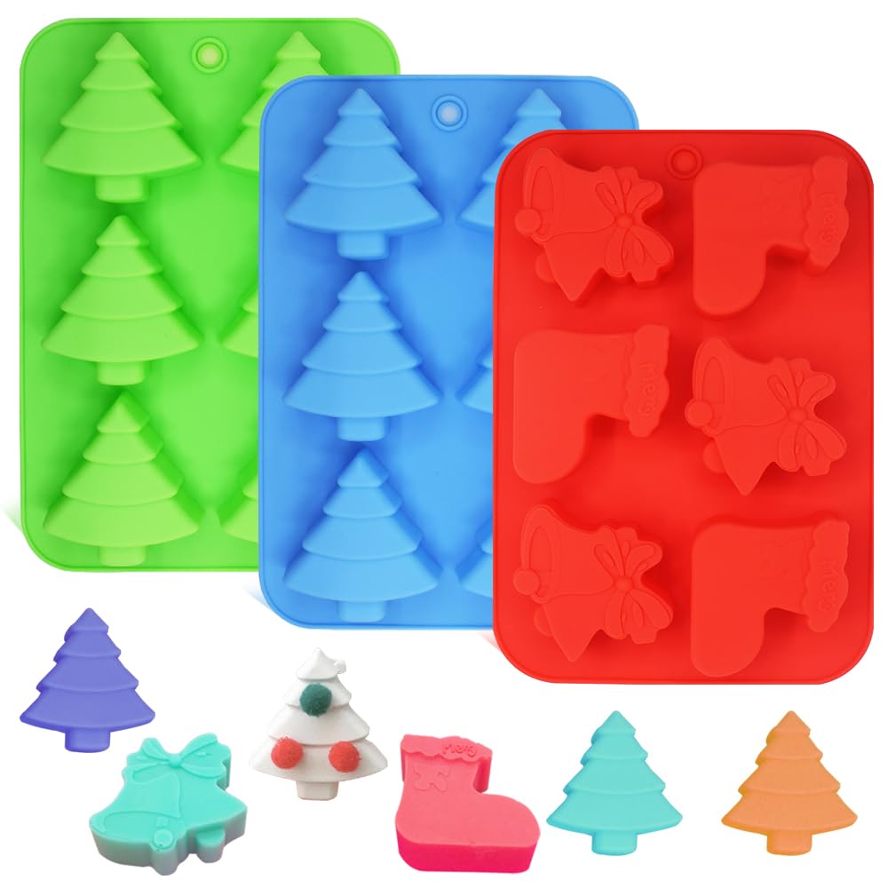 FineGood Christmas Tree Shaped Silicone Molds Socks and Bells Baking Tray for Cake Candy Chocolate Jelly Soap Set of 3 Green Blue Red