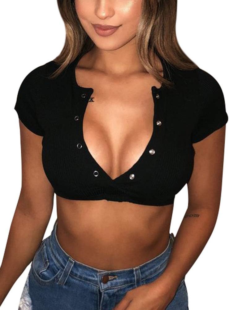 YMDUCH Women's Sexy Short Sleeve Button Knitted Ribbed Casual Basic Crop Top