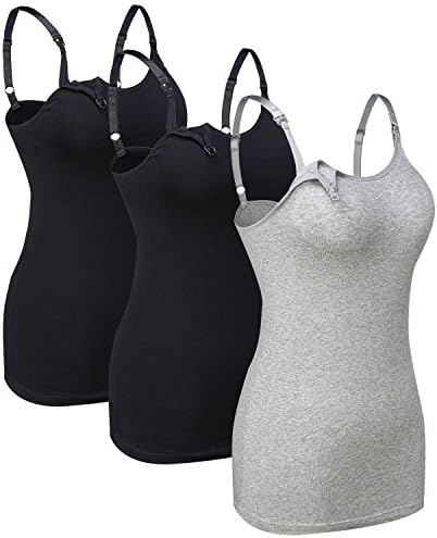 Tremour 1Pack/2Pack/3Pack Seamless Nursing Cami Tank Top with Build-in Maternity Bra (US M/Tag L, Black Black Grey)