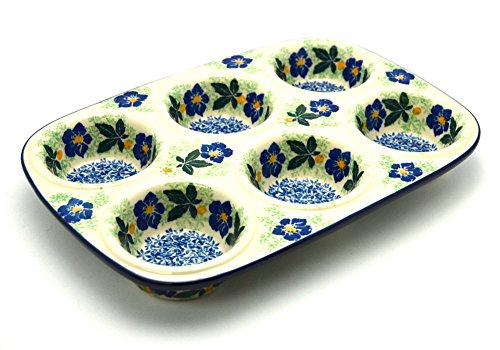 Polish Pottery Muffin Pan - Blue Pansy