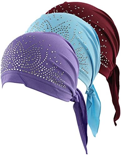Firsthats Women Scarf Pre Tied Chemo Hat Beanie Turban for Cancer Patients (Purple &amp; Wine &amp; Blue)