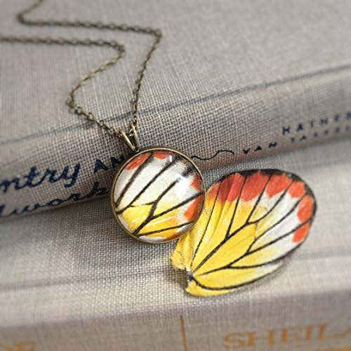 Real Butterfly Wing Necklace, Delias hyparete, Mori Girl, Botanical Woodland, Resin Glass, Pieridae, Antique Vintage Bronze, Boho, Insect