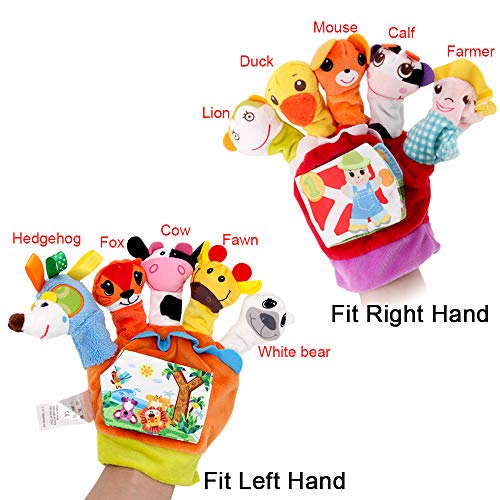 Sealive Farm Animals Hand Puppets Set with Cloth Book Story Telling, 10 pcs Finger Puppet Soft Gloves Handpuppets Toys for Kids Toddlers